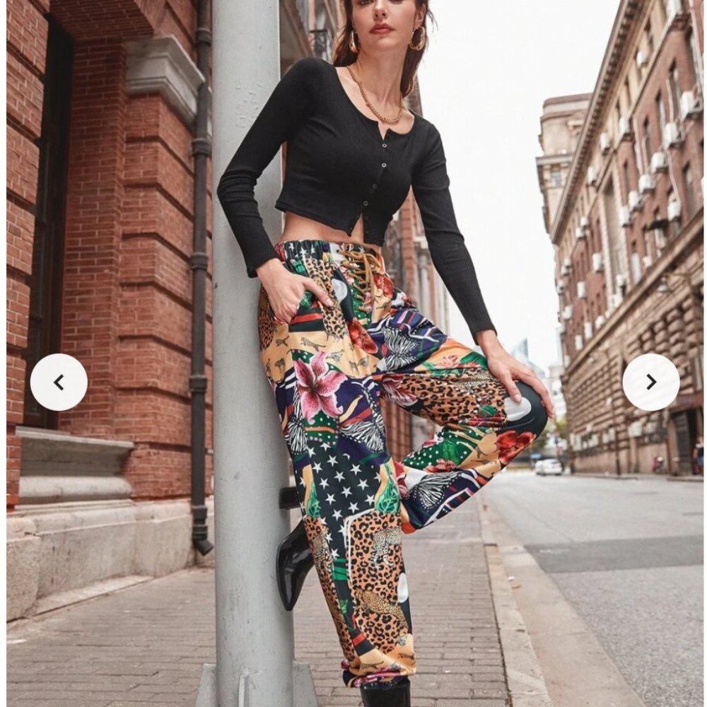 Floral & Leopard Print Lace Up Sweatpants